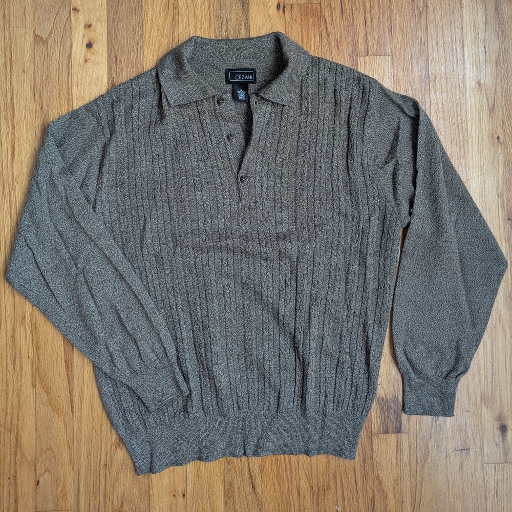 Vintage Cezani Long Sleeve Cable Knit Ribbed Collared Polo Sweater Shirt